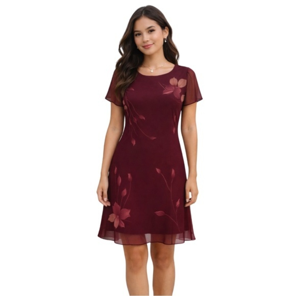 Jessica Howard Petite Floral A-Line Dress 6P Burgundy